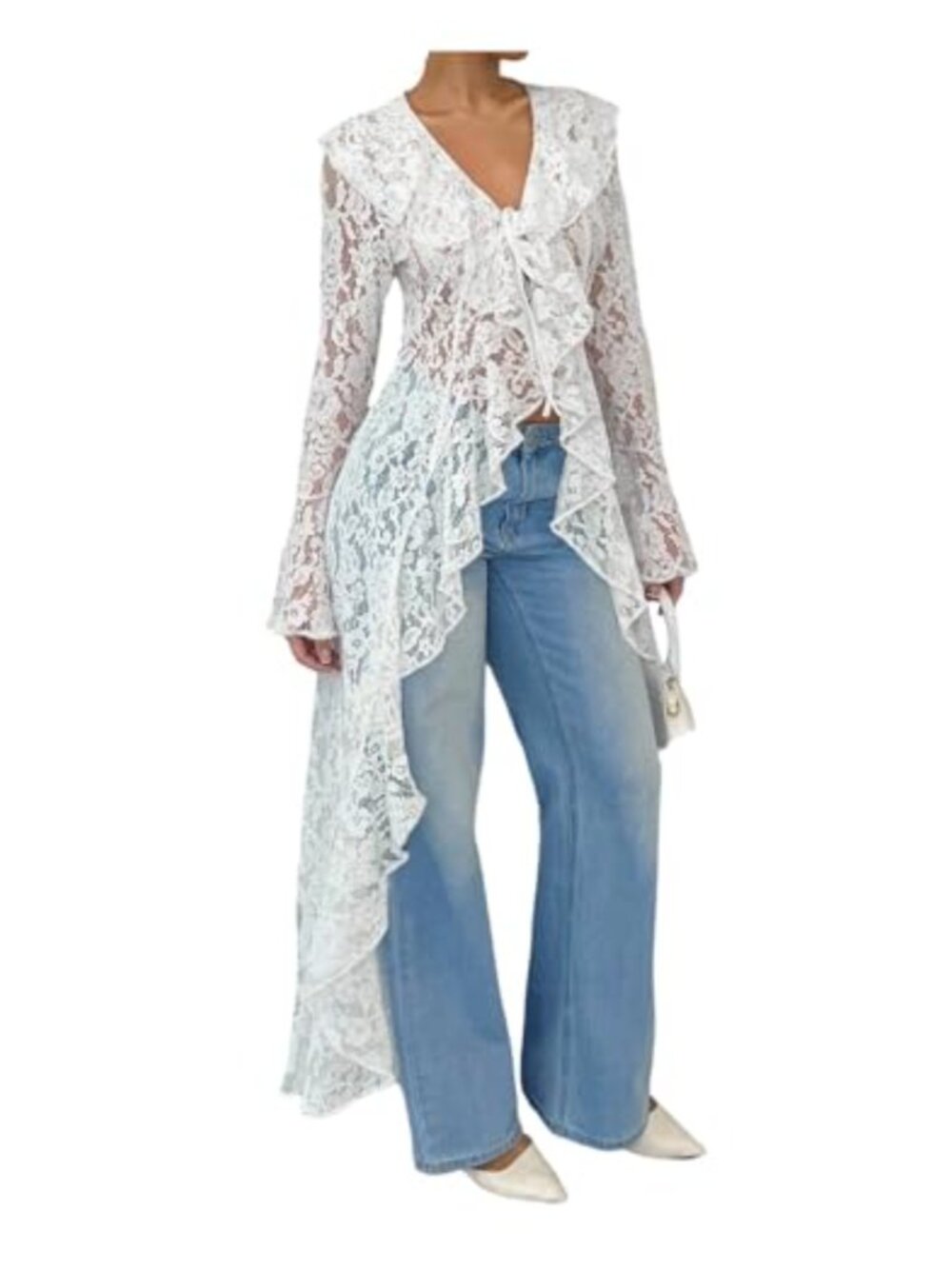 WDIRARA Womens Floral Lace Ruffle High Low Top Long Sleeve Blouse